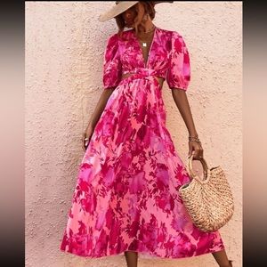 Hot Pink Floral MIDI Dress